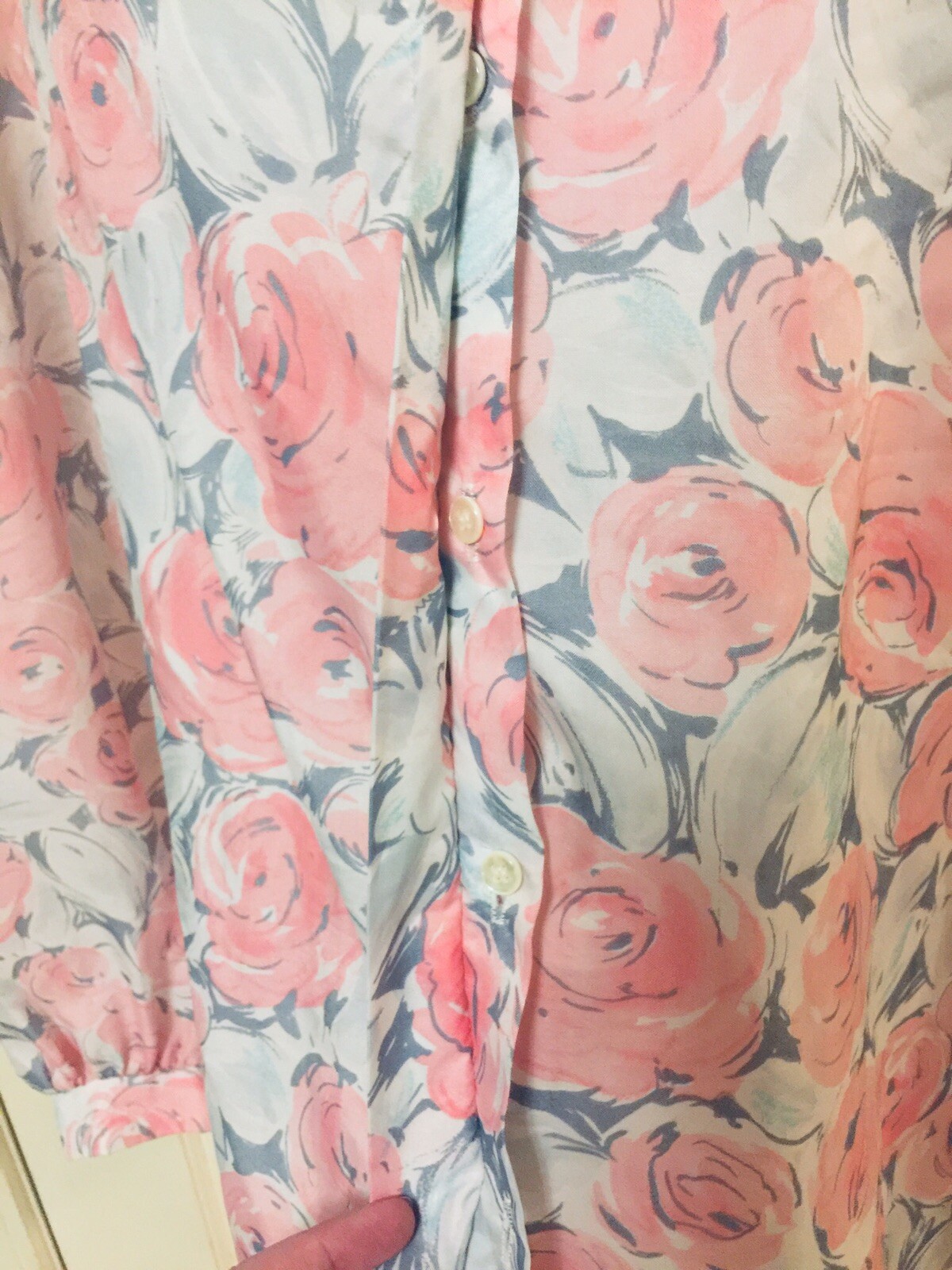 Vintage Alicia Womens Blouse Pink Gray White Floral Attached Neck Scarf Tie