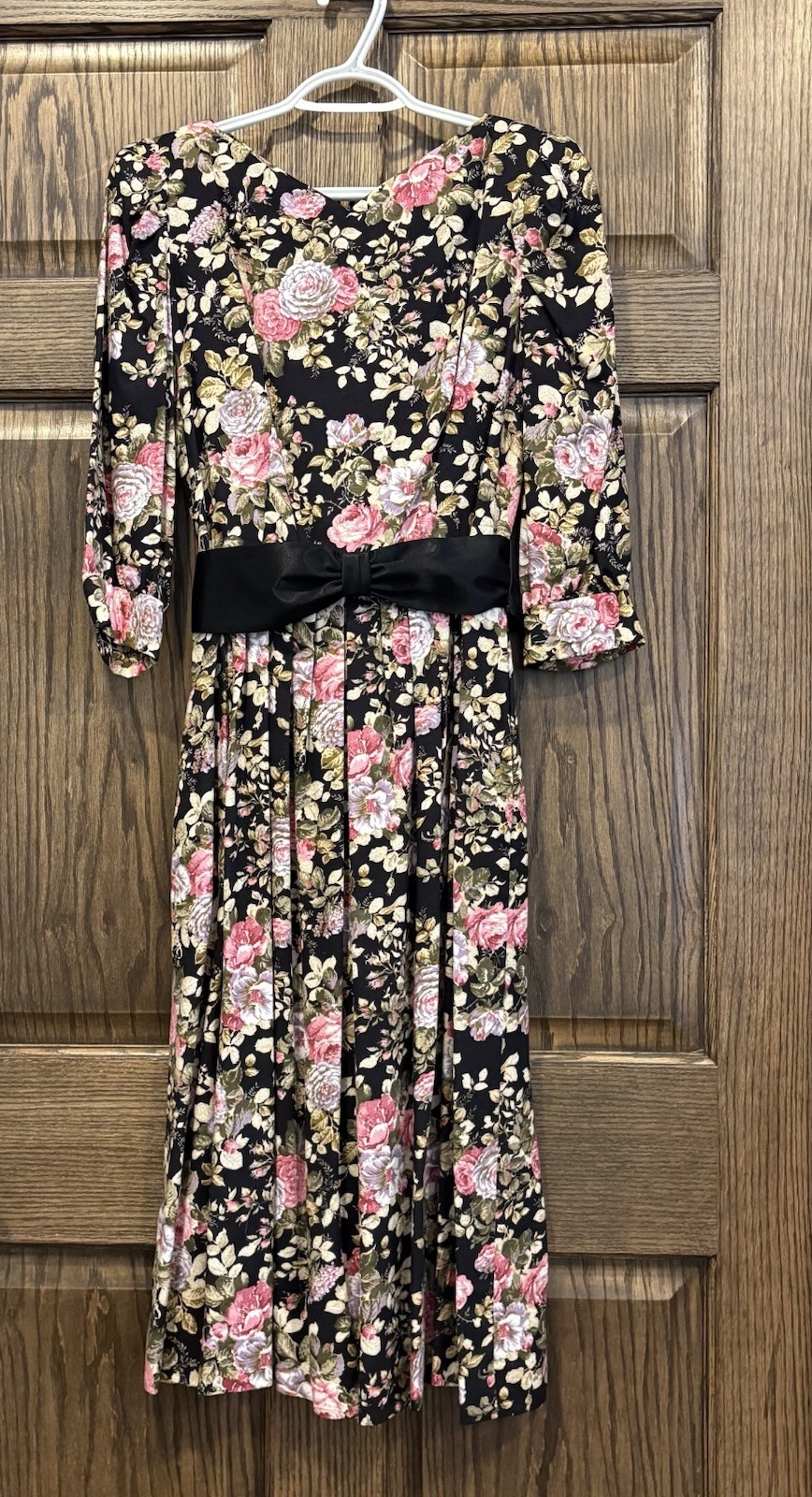 VTG Lanz 6 Petite Pink/Olive Floral On Black Midi Tea Dress W/Belt Full Puffy