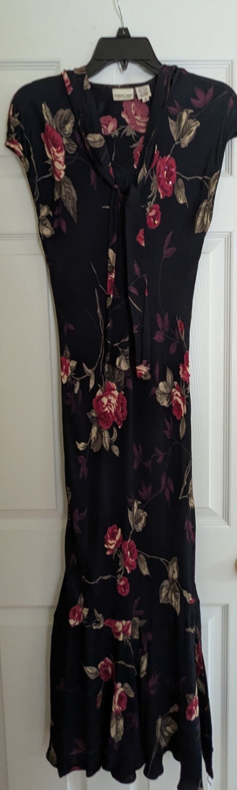 Y2K VTG NEWPORT NEWS Black Fairy Goth Roses Midi Dress SZ8 Sexy Bodycon Romantic
