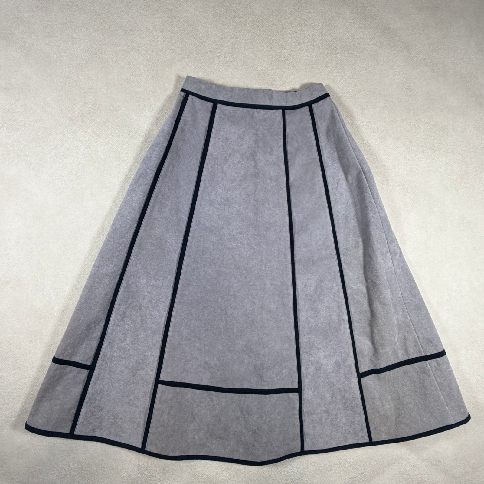 By Clarissa Vintage Ultra Suede Gray A-Line Midi Skirt Black Piping Size 6