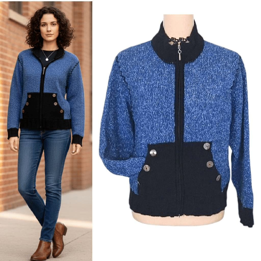 VTG 80s 90s Fia Italia Handloomed Blue Black Knit Zip Cardigan Sweater XL