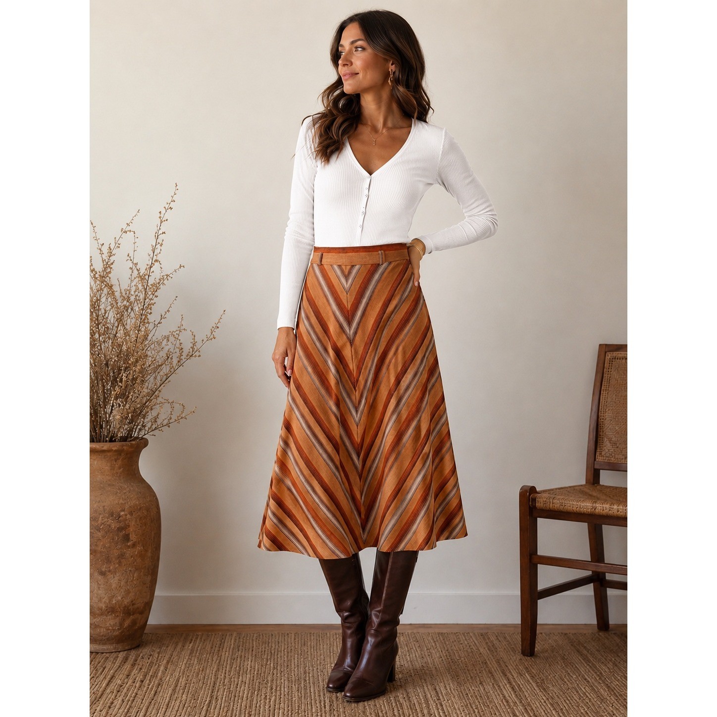 Vintage Chevron Stripe Skirt Women Size 5-6 Orange Earth Tone Boho Prairie 70s