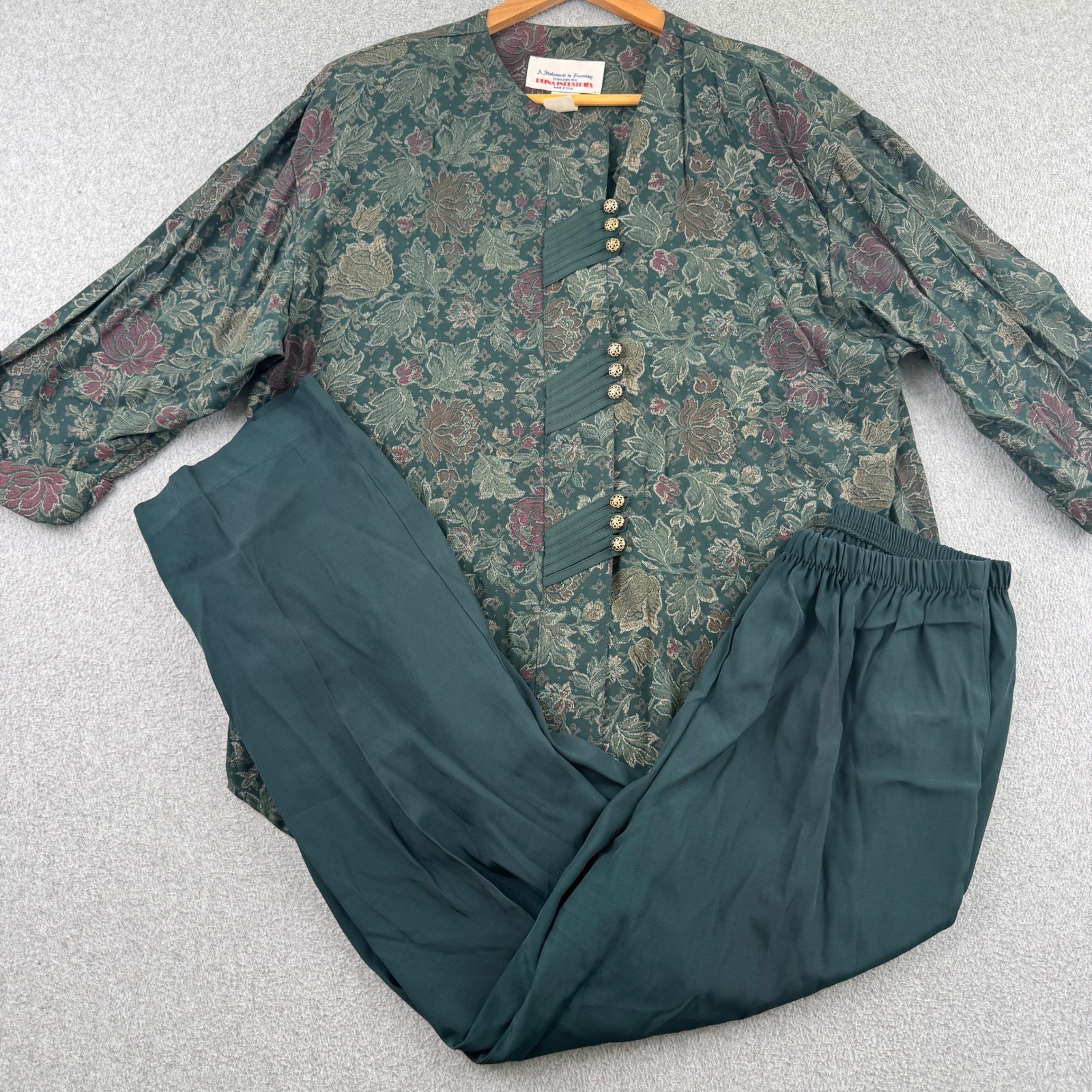Vintage 90s Reina Industries Pant Set Womens 16P Green Floral Blouse 2 Piece