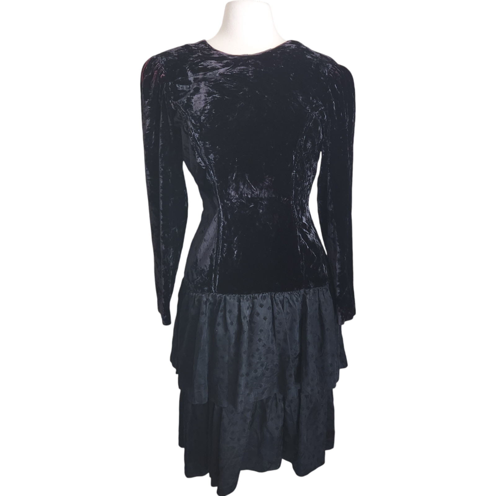 Vtg 80s Witchcore Black Velvet Dress 6 Drop Waist Ruffle Skirt Witchy Grunge
