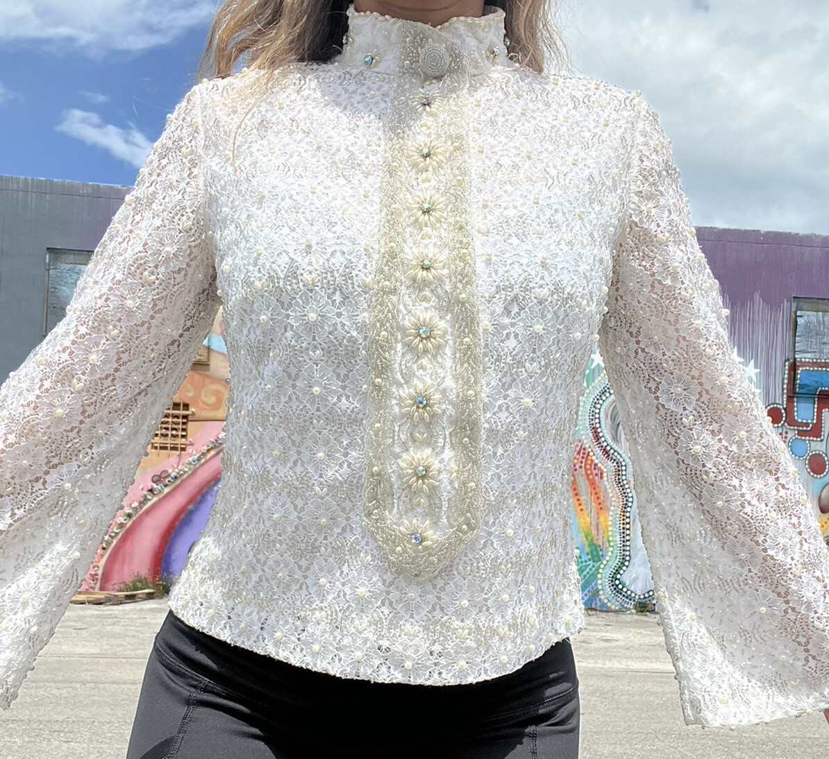 Rare 60s Vintage Valentina Designer Pearl Beaded Collared White Top Shirt