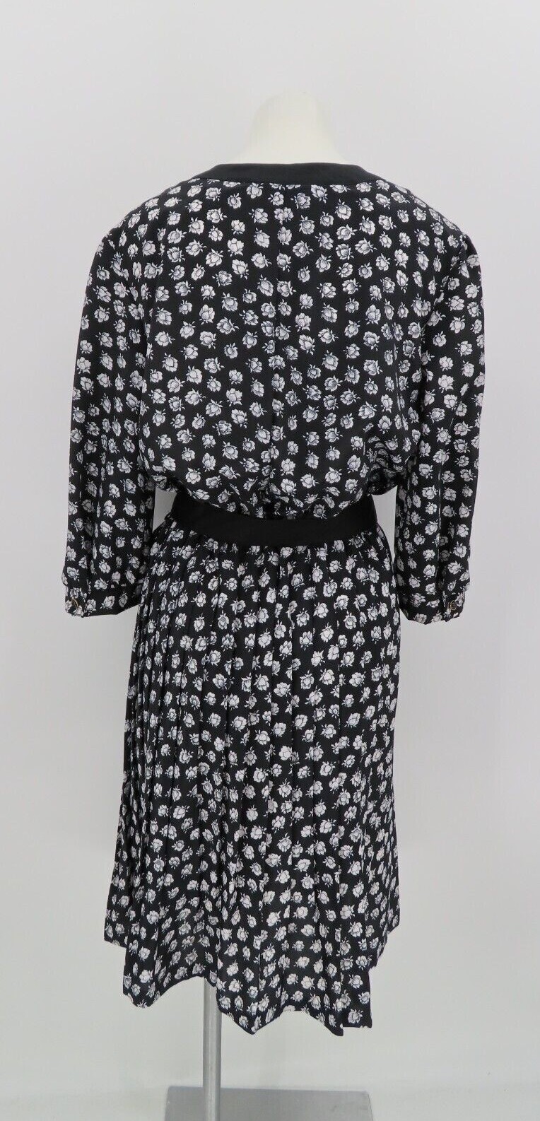 VTG 80s Breli 3/4 Sleeve Black White Floral Midi Dress Made in USA Gold Buttons