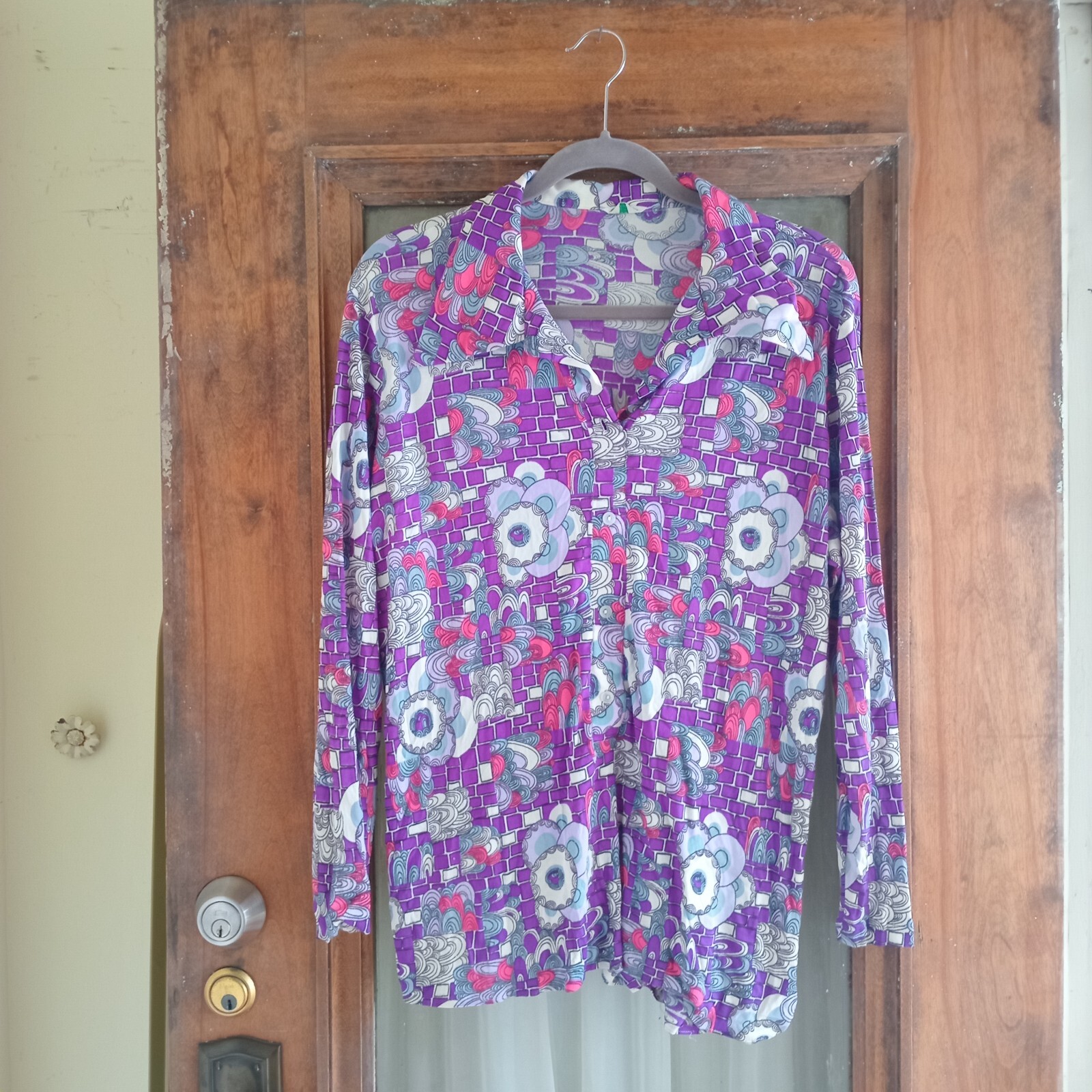 Vintage 70s Purple Pink Abstract Blouse Top Mod Hippie GoGo Boho S/M