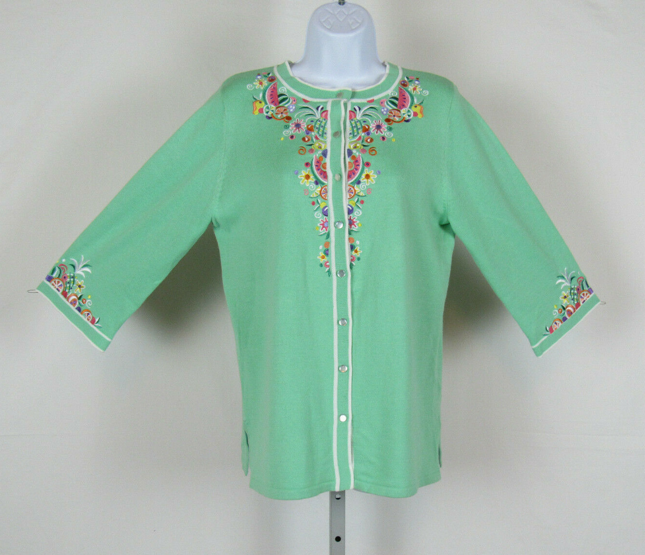 VTG 1990s BOB MACKIE WEARABLE ART MED TOP EMBROIDERY FRUIT FLOWER COTTON ACRYLIC