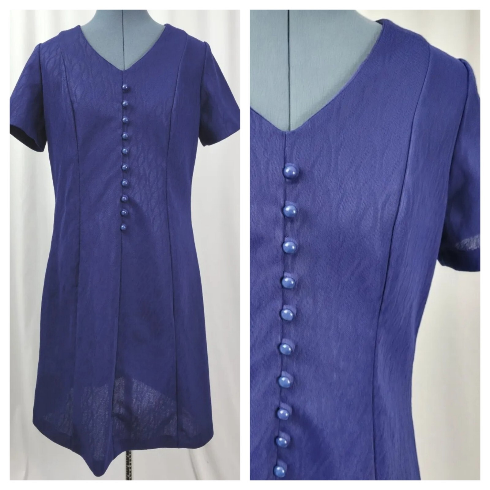 Vtg Navy Blue on Navy Blue Pattern Princess Seam Dress w Faux Buttons Size M/L?