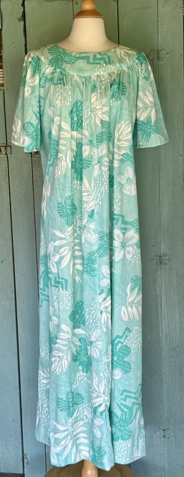 VTG 60’s BARK CLOTH HAWAIIAN MUMU Maxi Muumuu Kaftan Teal SeaGreen Bespoke S/M++