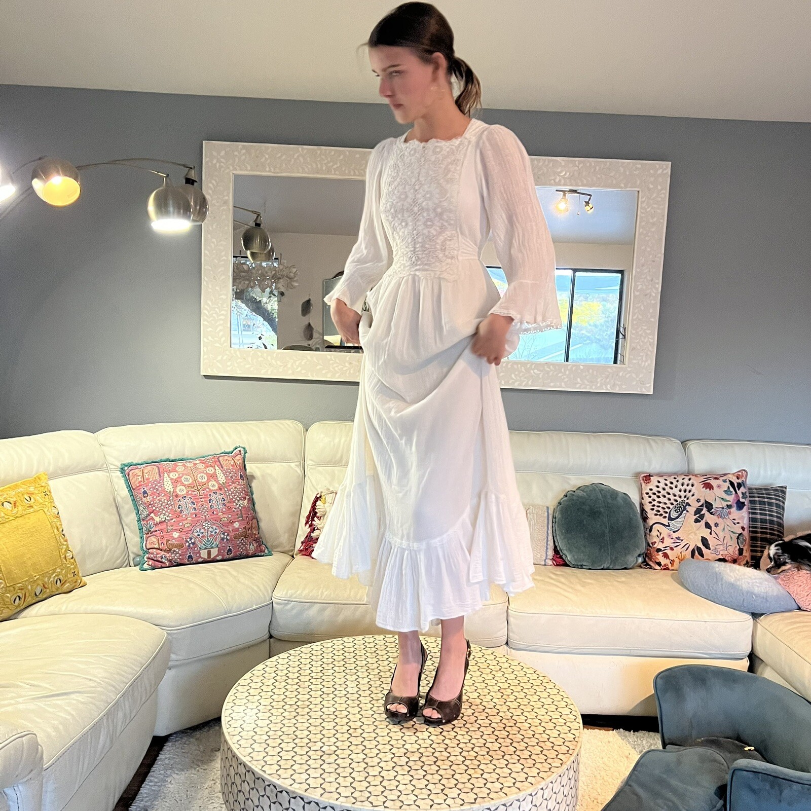 Gunne Sax Cream Gauze & Lace Maxi Dress Cottagecore Prairie Dress Boho Wedding S