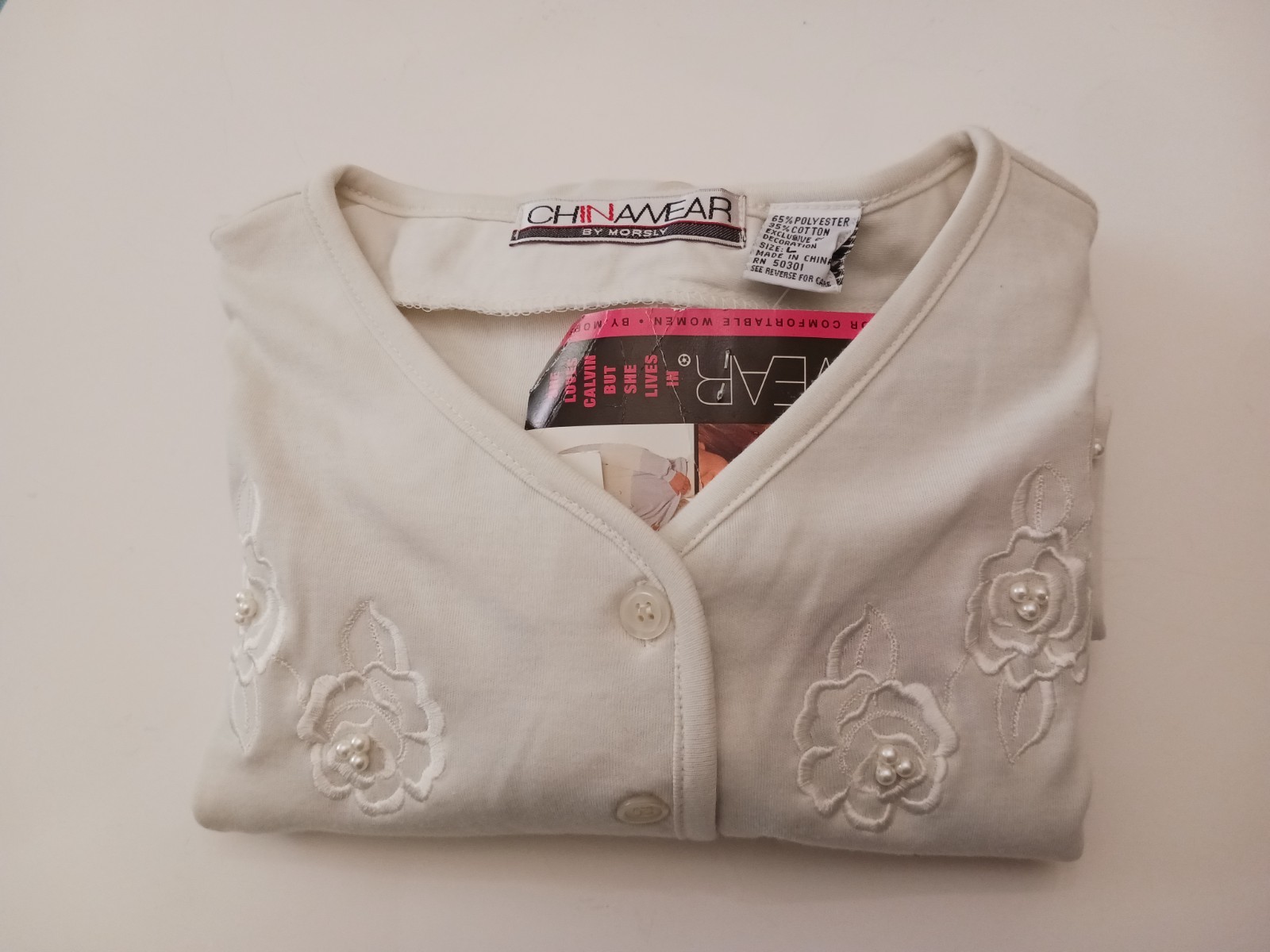 Chinawear by Morsly White L Vintage Sears Button Beaded Short Sleeve Sweater NWT
