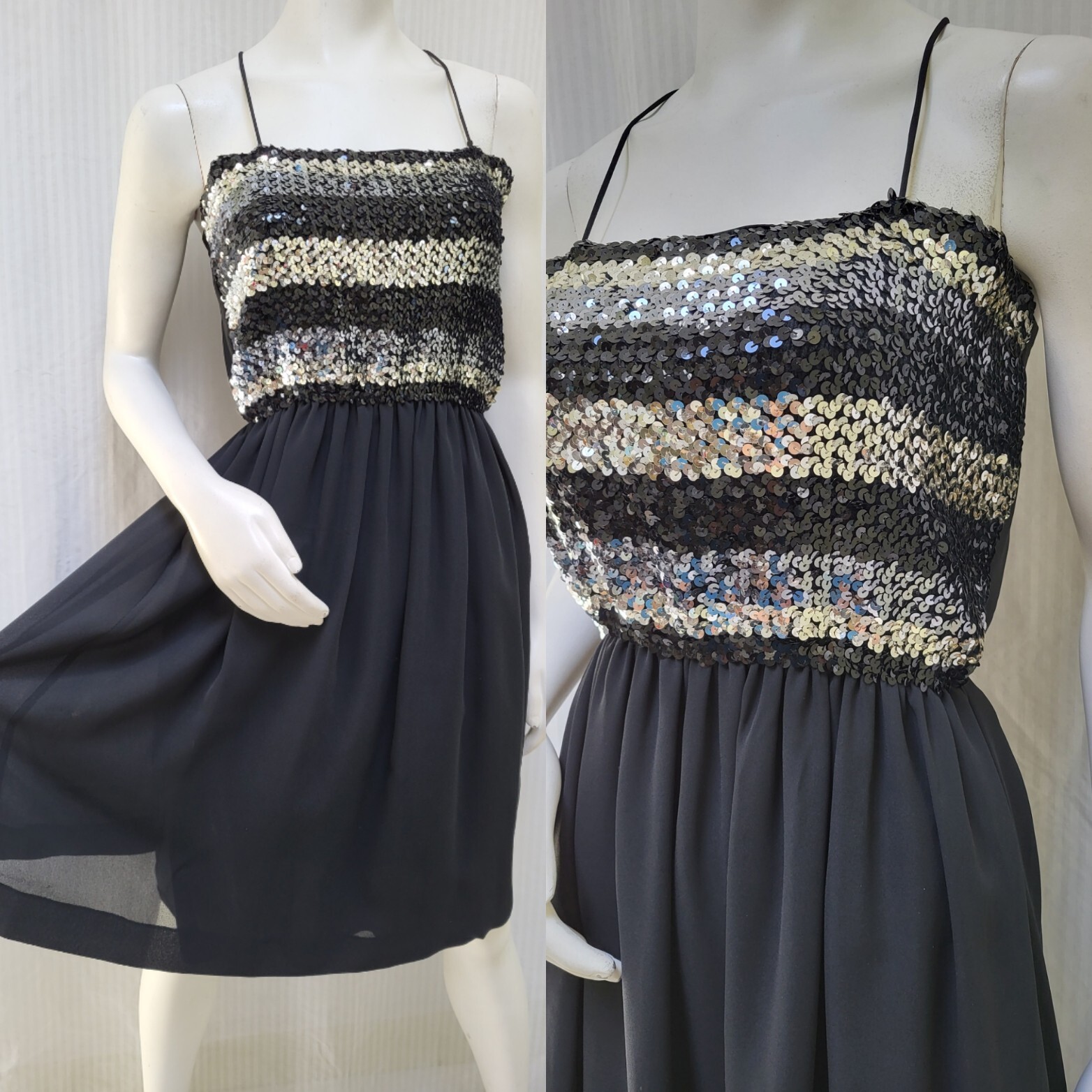 Vintage 1970/80s PELLINI by VON BRAMLETT Black Silver Sequin Dress – S/M – EUC