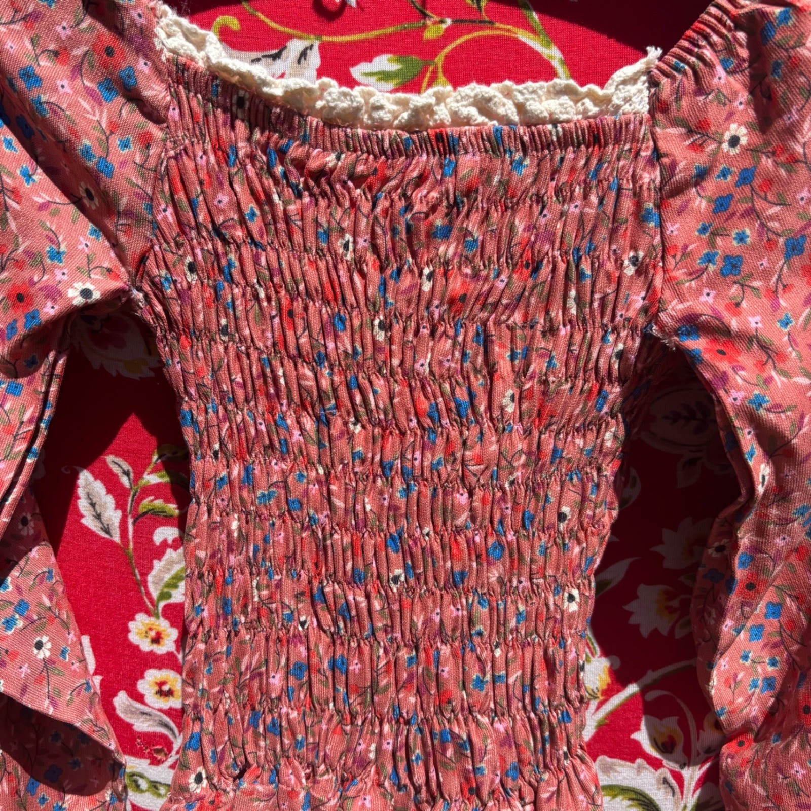 VTG Pink Floral Smock Milkmaid Prairie Lace Trim Peasant Sleeve Dress Size XS