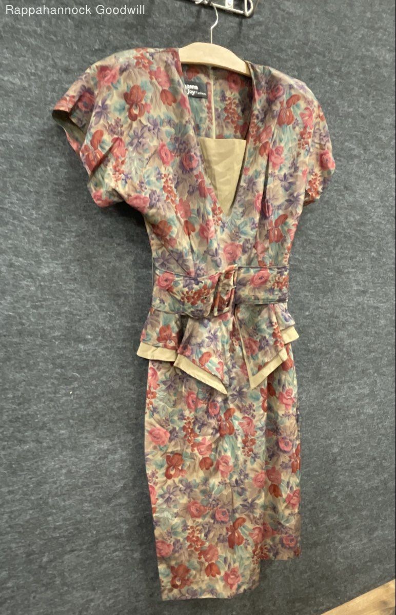 Vintage 80s Dawn Joy Fashions Women’s Multicolor Floral Peplum Belted Dress
