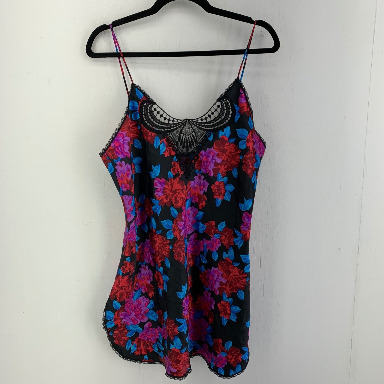Deena Vintage Dark Floral Satin Slip Dress Lace Trim Medium Grunge Coquette