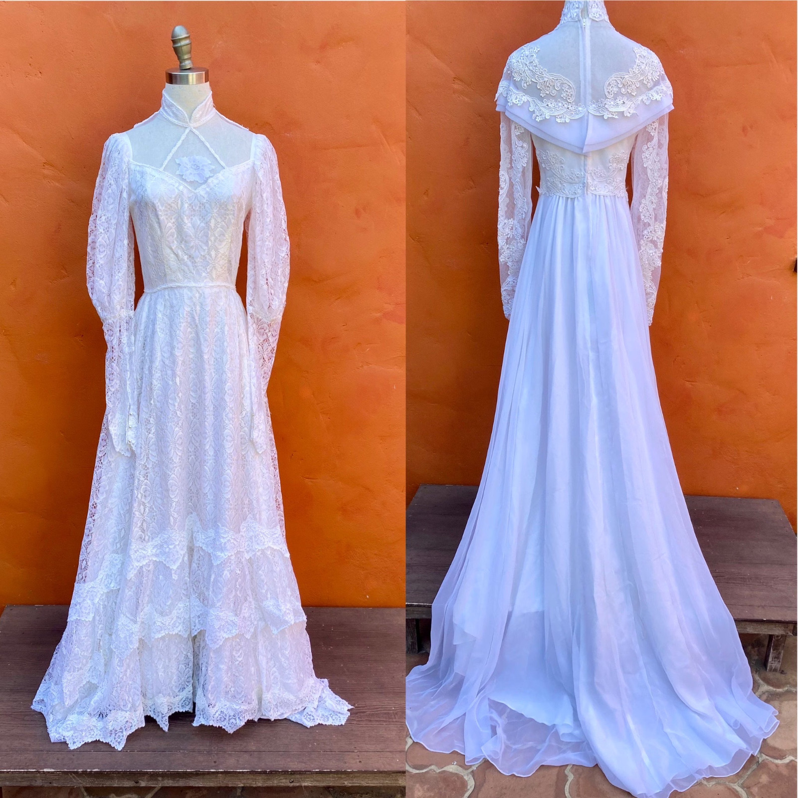 Vintage 1970s Lace Prairie Wedding Dress Victorian style train hippie boho xs