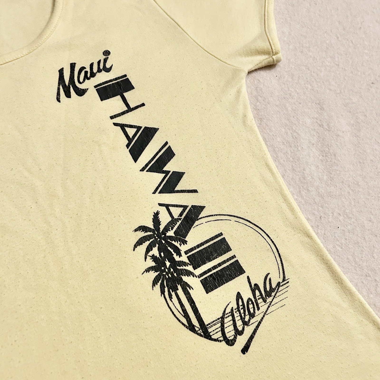 Vintage Hawaii Babydoll Shirt Womens XL 70s Pale Yellow Maui Tourist Fun Tees