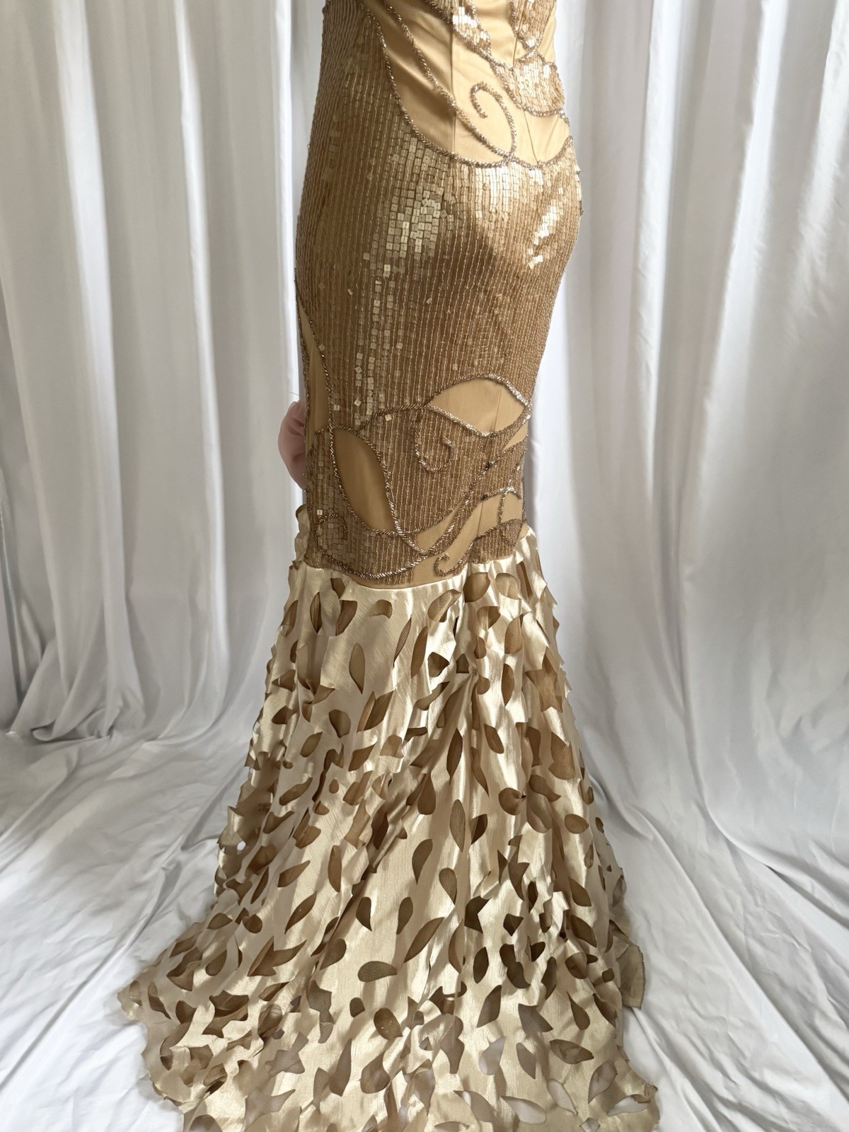 Vintage Gold Fairy Beaded Sequin Ruffle Mesh Vacation Princess Formal Gown Dress