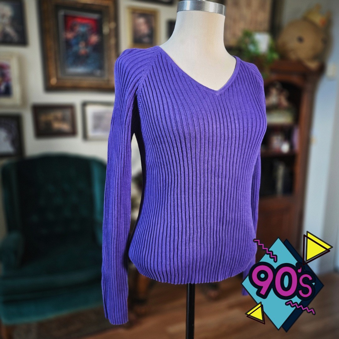 No Boundaries Purple Sweater Ribbed V-Neck Vintage 90s Y2K Long Sleeve XL NWT