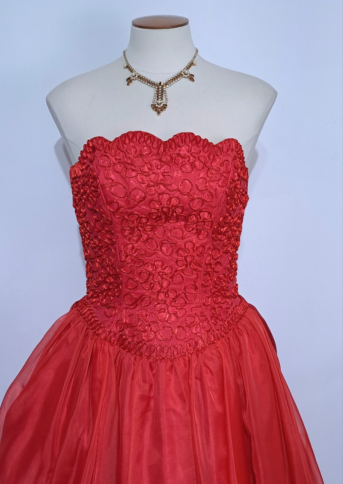 Vintage Red Strapless Party Dress Gown Huge Skirt Rosettes Draped Sz S Soutache