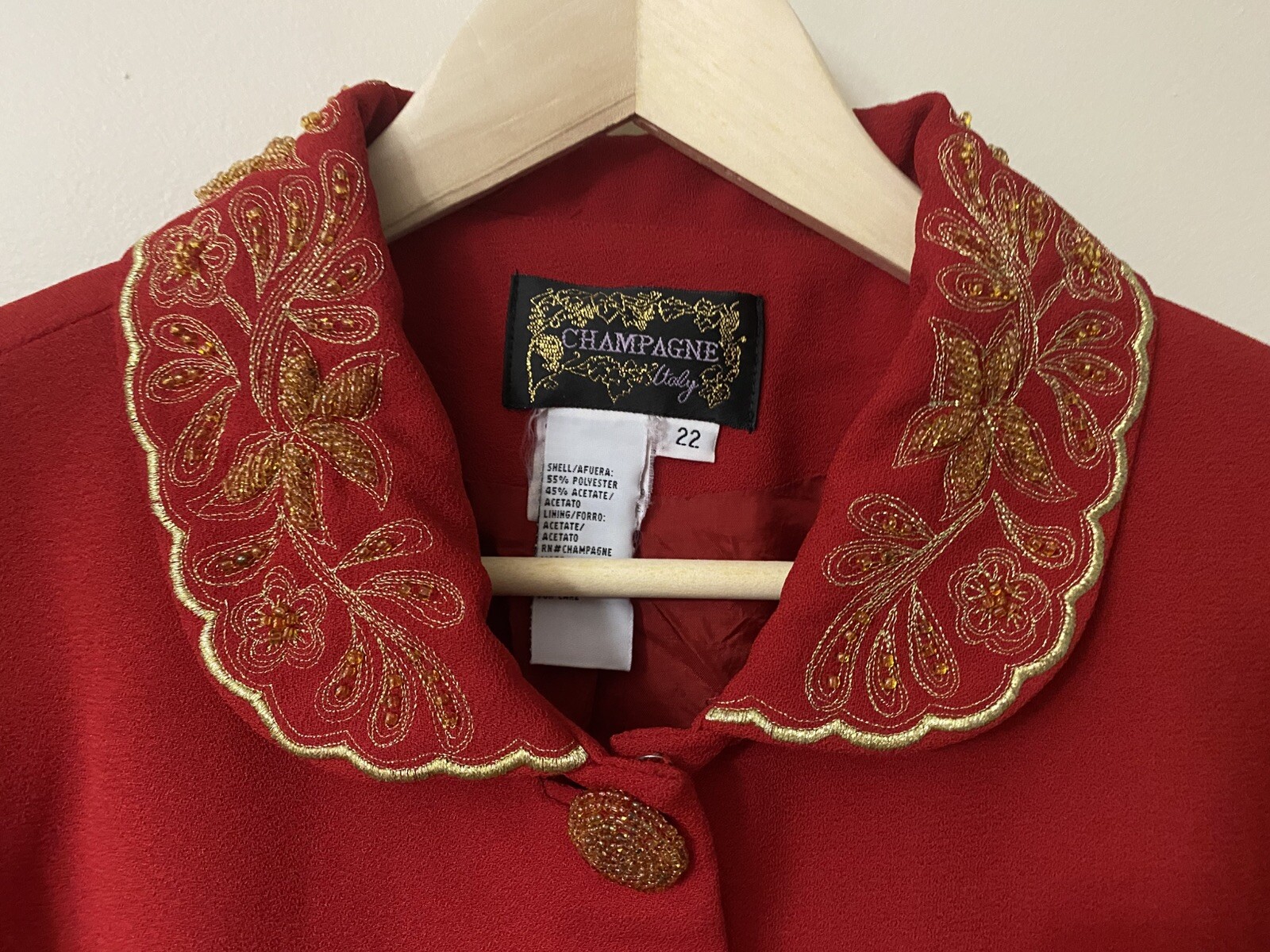 Vintage Champagne Red Gold Beaded Scalloped Peter Pan Collar Jacket 22 Christmas