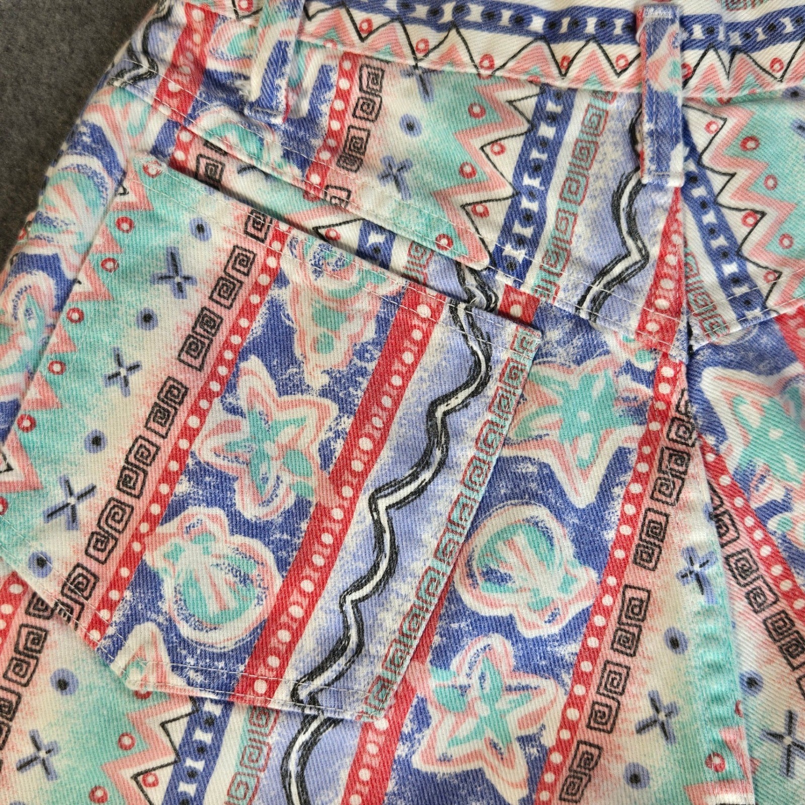 Vintage Mixed Blues 90s High Waist Tribal Print Denim Shorts Sz 5 Made in USA