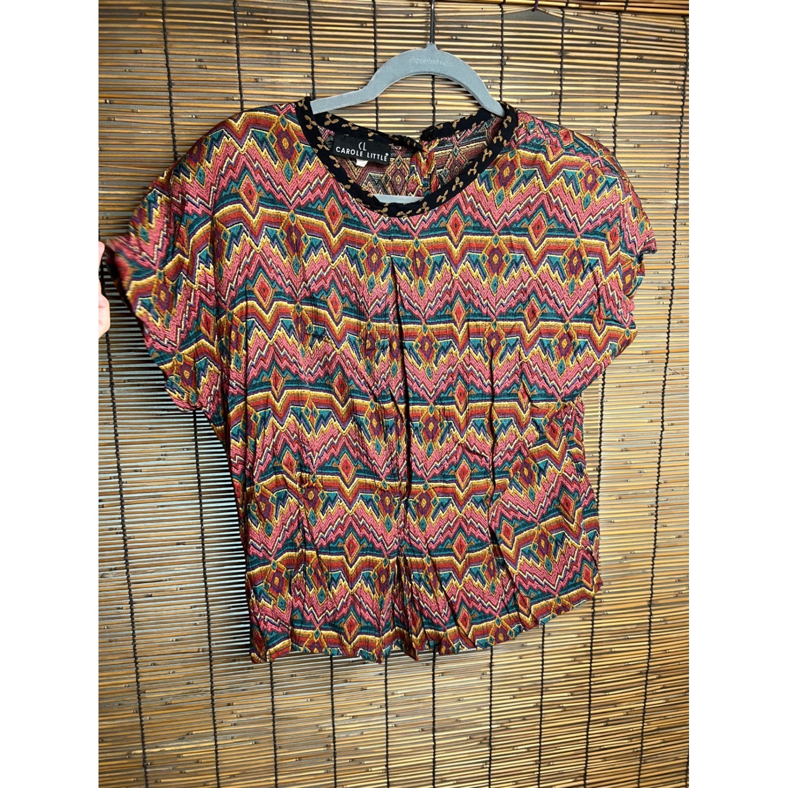 Vintage Carole Little Rayon Gauze Blouse Geometric Diamond Print Top Size 8 USA