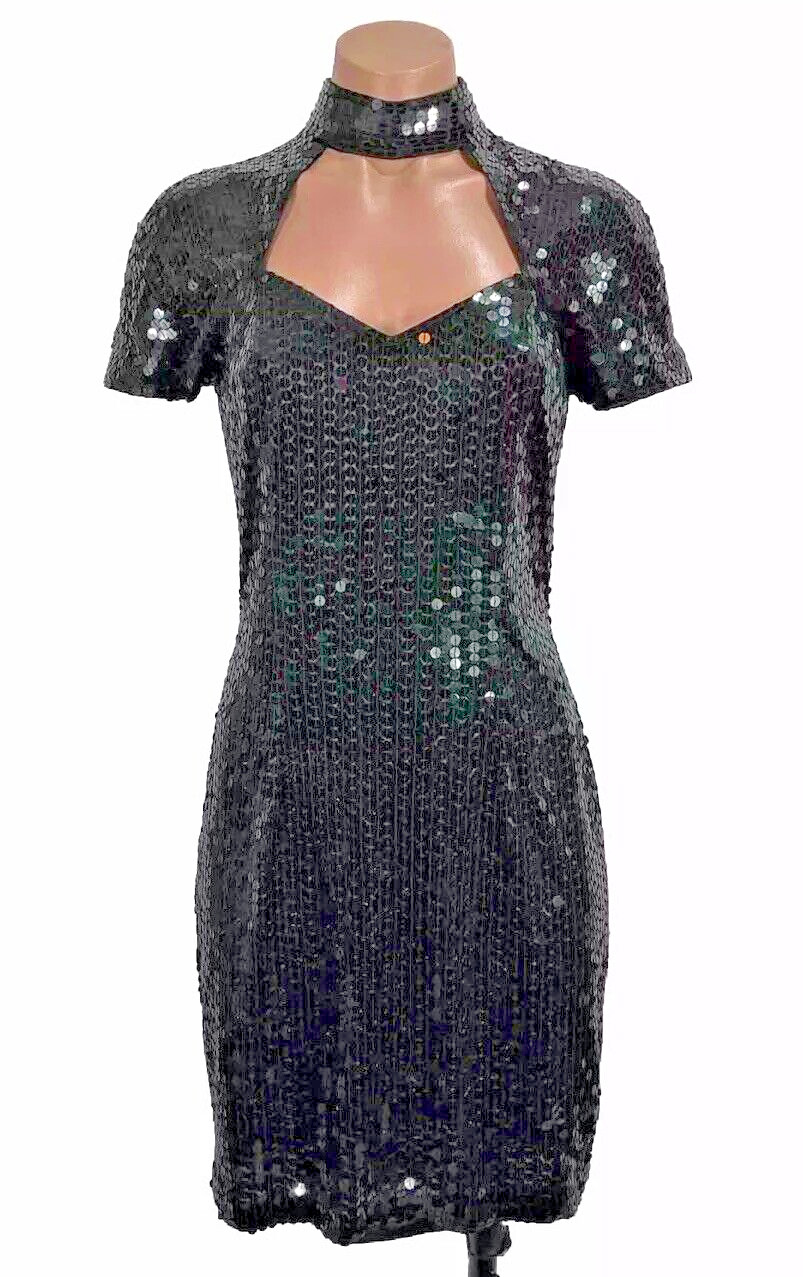Vtg Nite Line Della Roufogali Sequin Caged Neck Mini Cocktail Dress Formal 6 90s