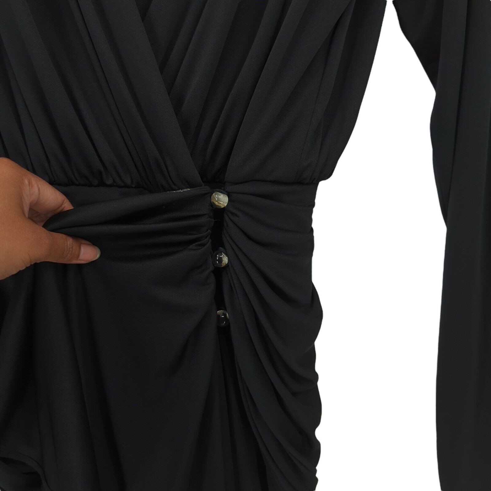 VTG 80s Tadashi Shoji Women 6 Dress Black Gown Beaded Faux Wrap Empire Waist