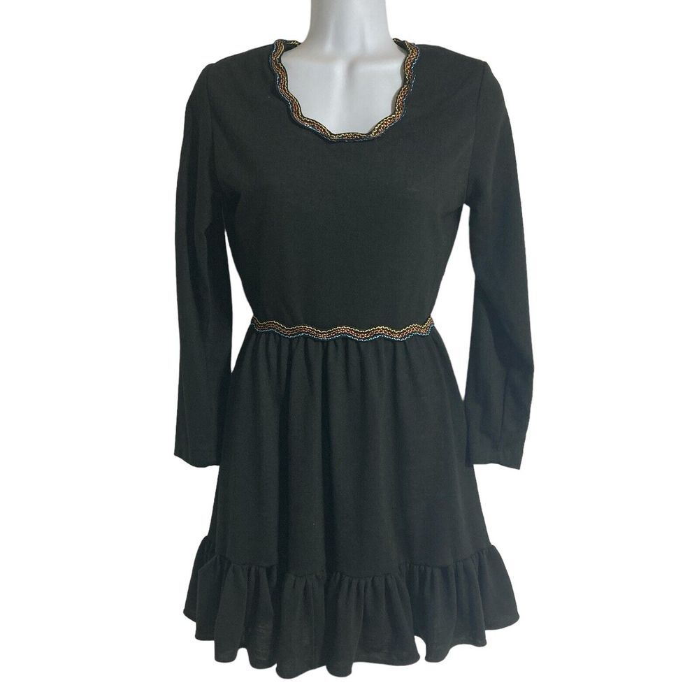 Handmade Dress Black Mini Long Sleeve Knit Stretch Ruched Hem and Trim Vintage