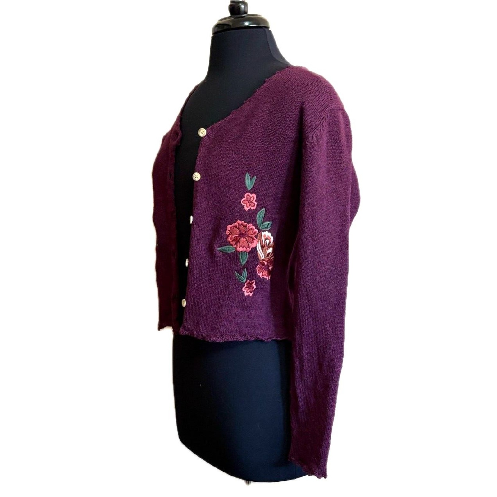 Wool and Cotton Embroidered Flower Cardigan Vtg Small