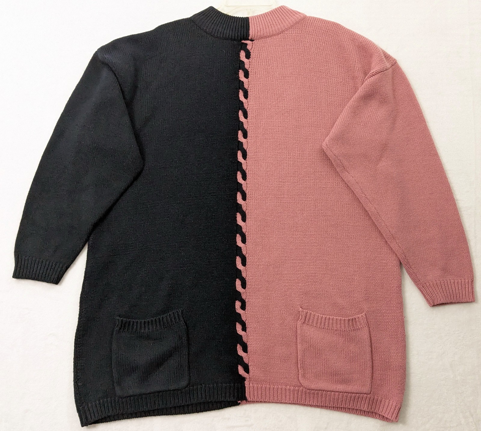 Vtg 80’s L/XL Colorblock Sweater Venezia Half Black Pink Tunic Pockets Oversized