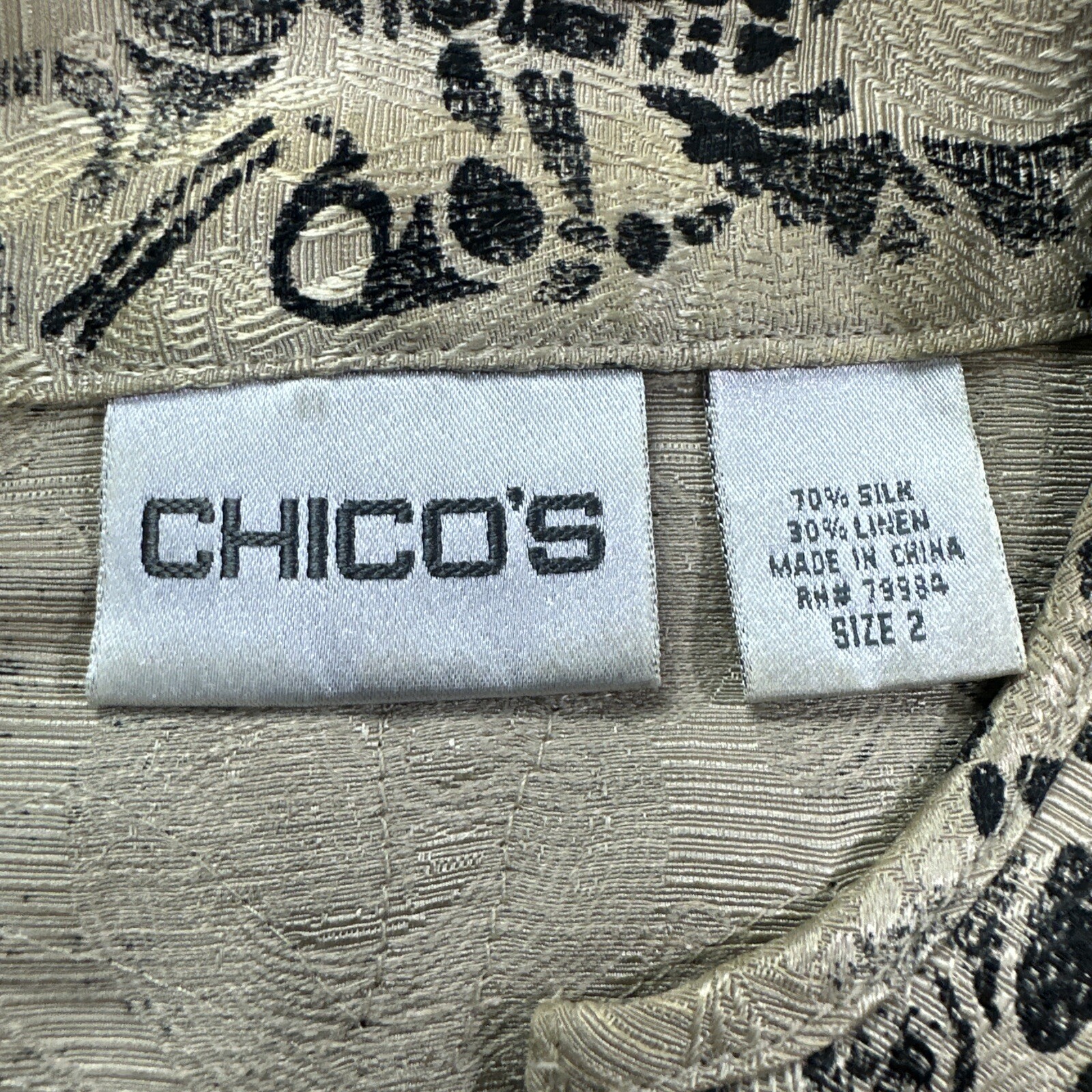 Chico’s Jacket silk linen blend Asian kimono style floral print Tan Black Med 2