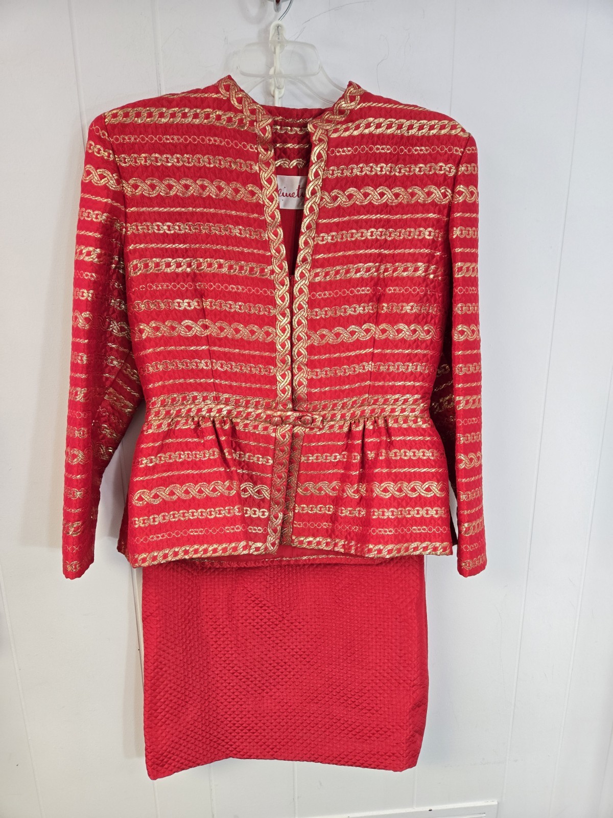 Pauline Trigere Vintage Suit Red & Gold Brocade Quilted Satin Jacket Skirt Saks