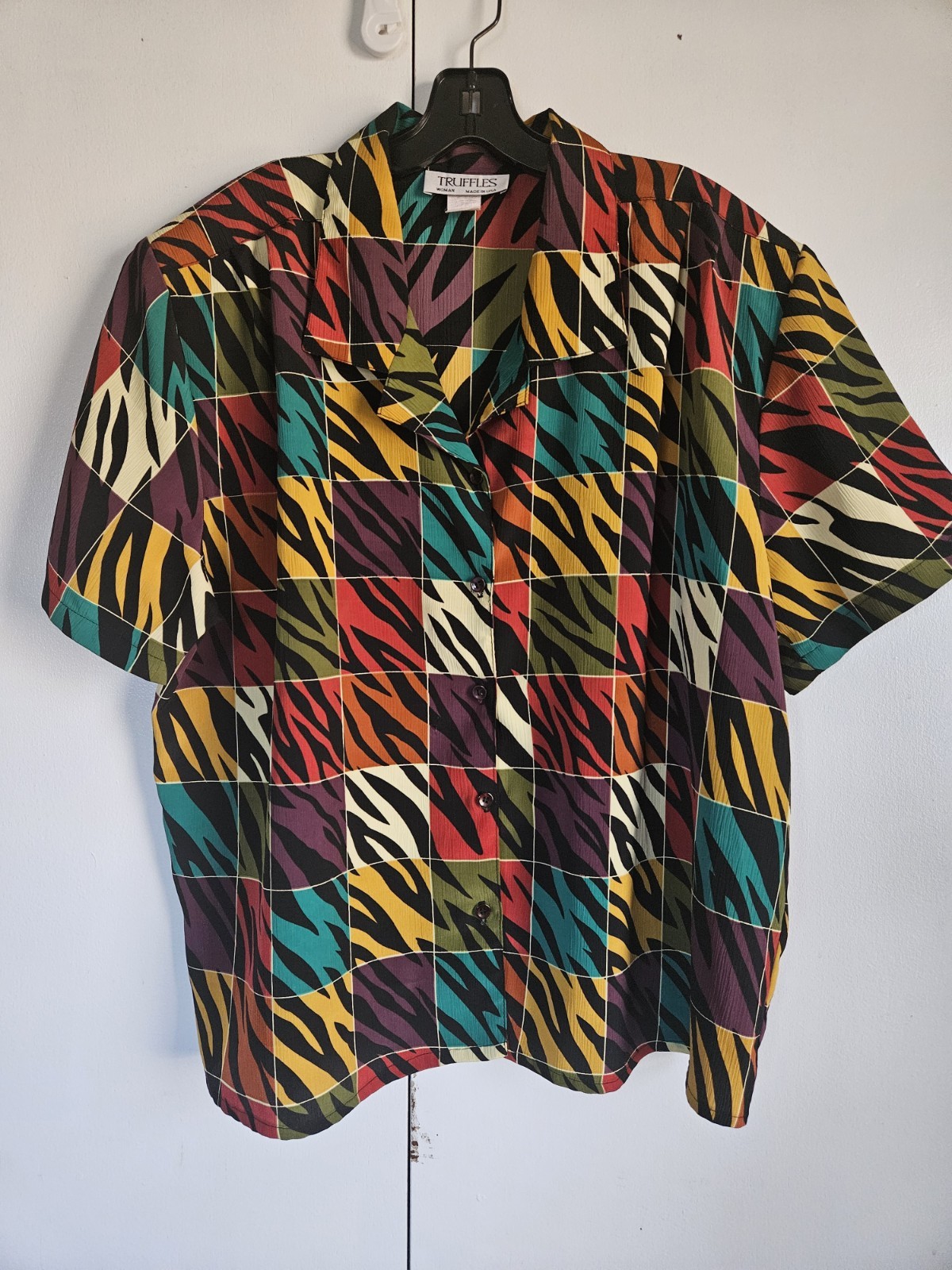 Vintage 80s Truffles USA Womens L Colorful Geometric Zebra Print Button Blouse