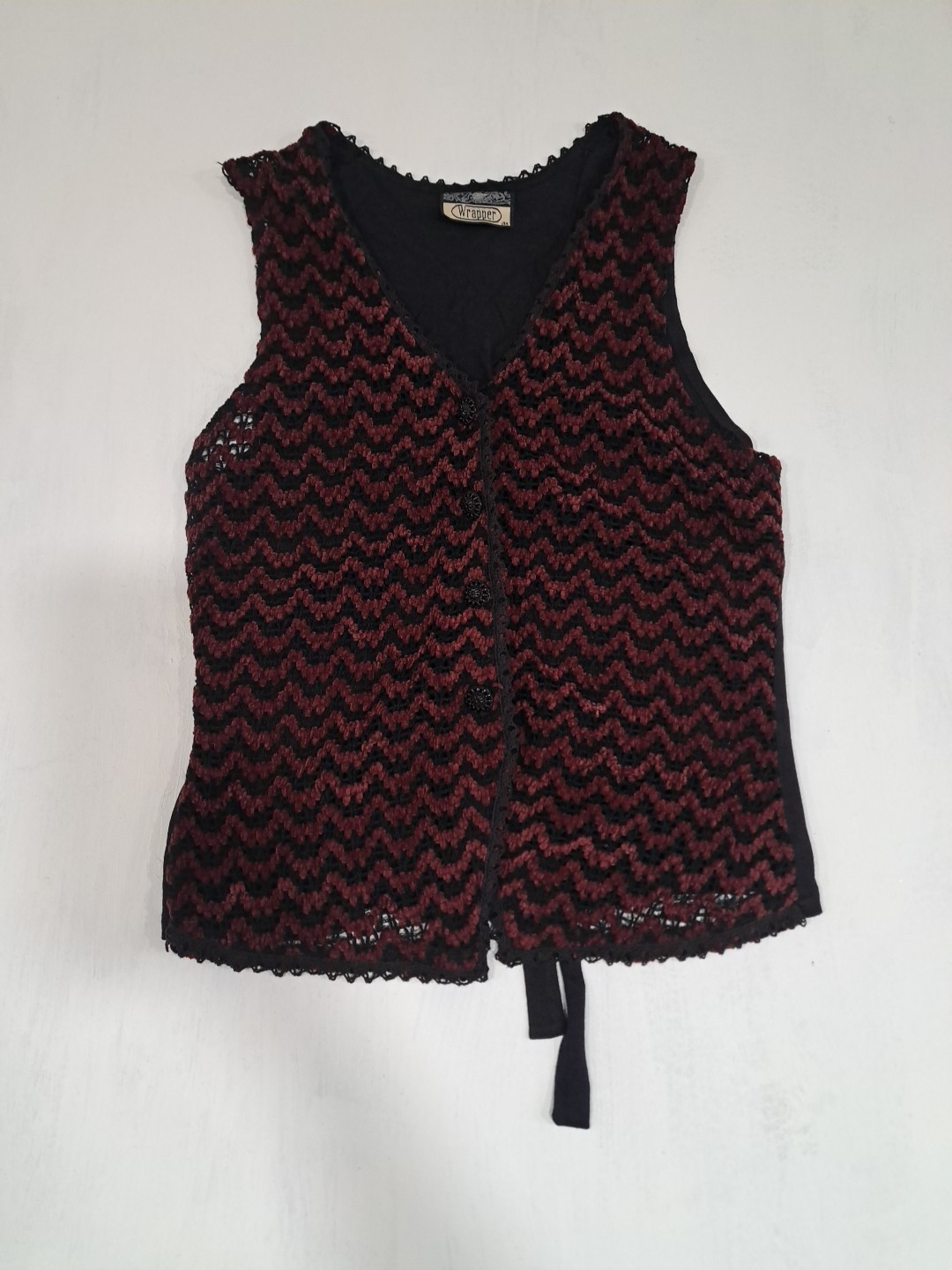 Vtg 90s Womens Knit Vest Whimsigoth Red Black Wrapper USA S/M Tie Back V Neck