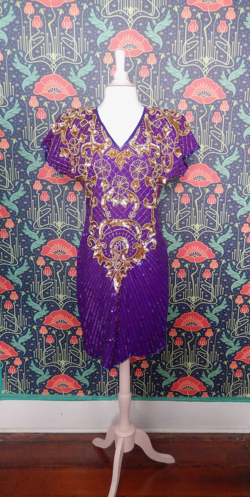 Vintage 80’s 90’s Purple Gold Sequin Beaded Party Cocktail Dress Glam Party