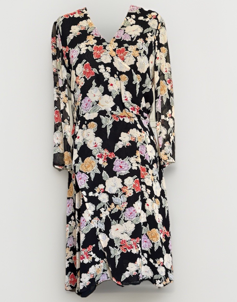 Giorgio ARMANI Le Collezioni Black Floral Faux Wrap Midi Dress Dark Romance Y2K
