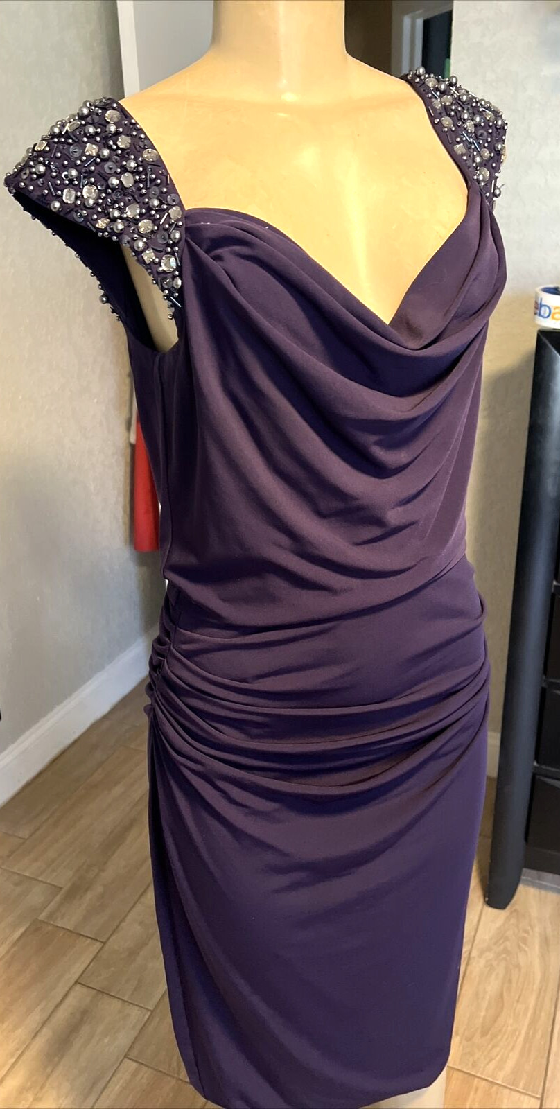 VTG MAGGY LONDON PURPLE RUCHED W/BEADED GEMS SHORT SLEEVES DRESS STUNNING xb8