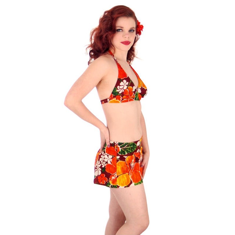 VTG 70s Hawaiian Bikini Set Halter Bra + Boy Leg Shorts Retro Swim S/M