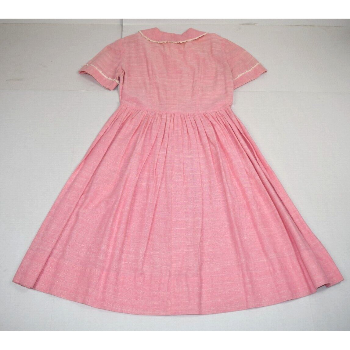Vintage Midi Dress Size S/M 50s Cotton Candy Pink White Lace Trim Heart Buttons