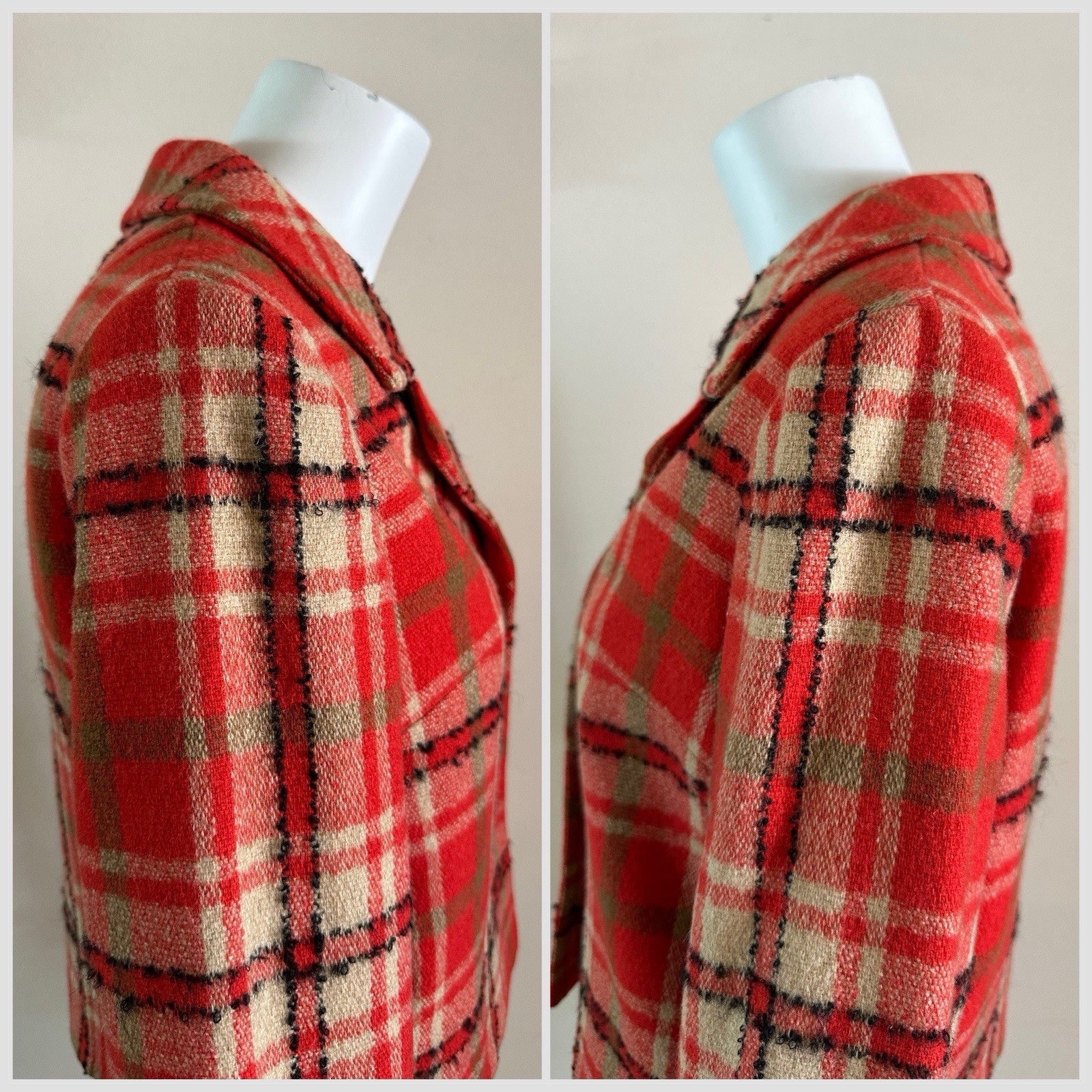 1960s Red Plaid Wool 3-Pc Set Jacket Skirt Pants Handmade Mod Suit Size Zip VTG