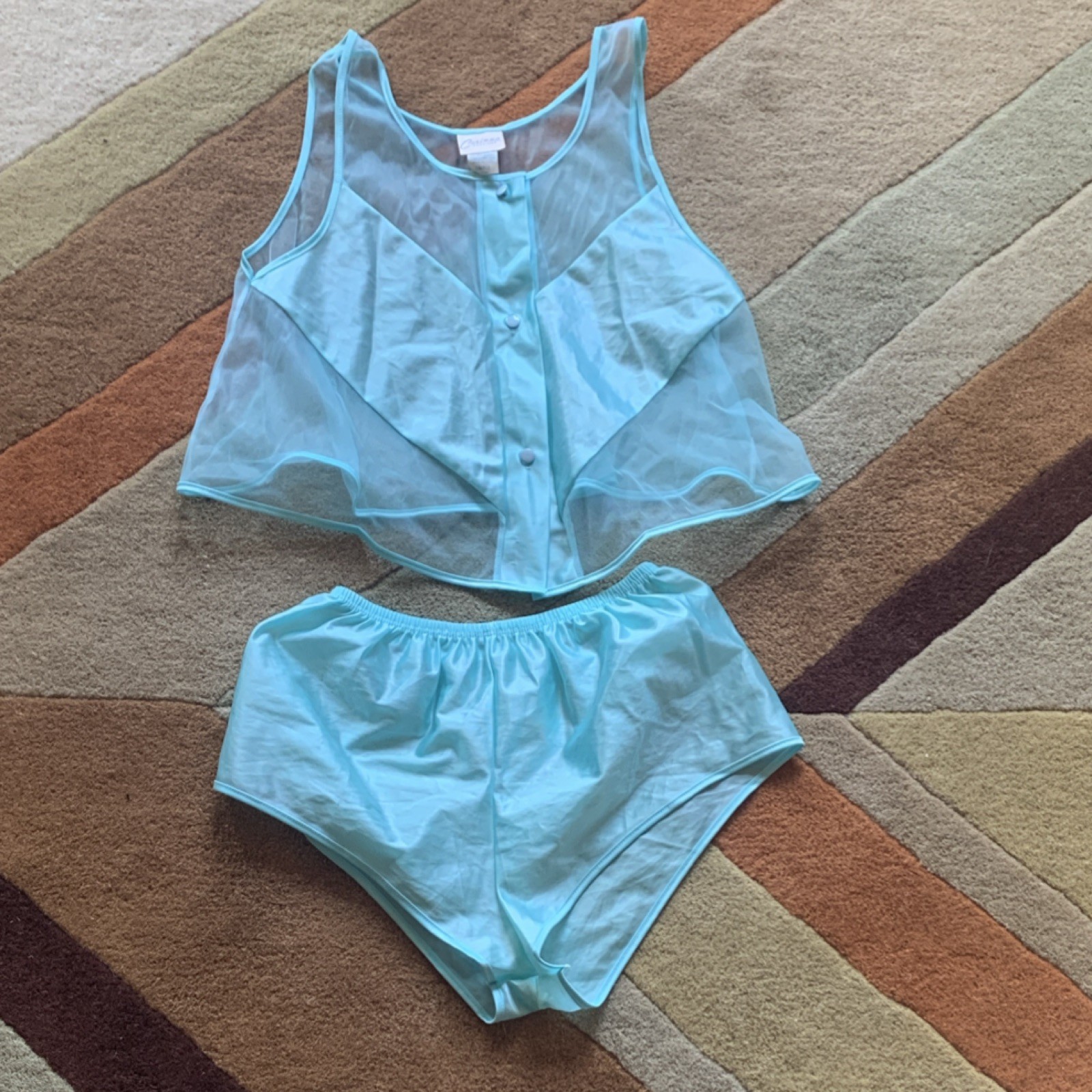 Vintage Corinna Fashions 2-Piece Blue Nylon Lingerie pajama Set, Size S