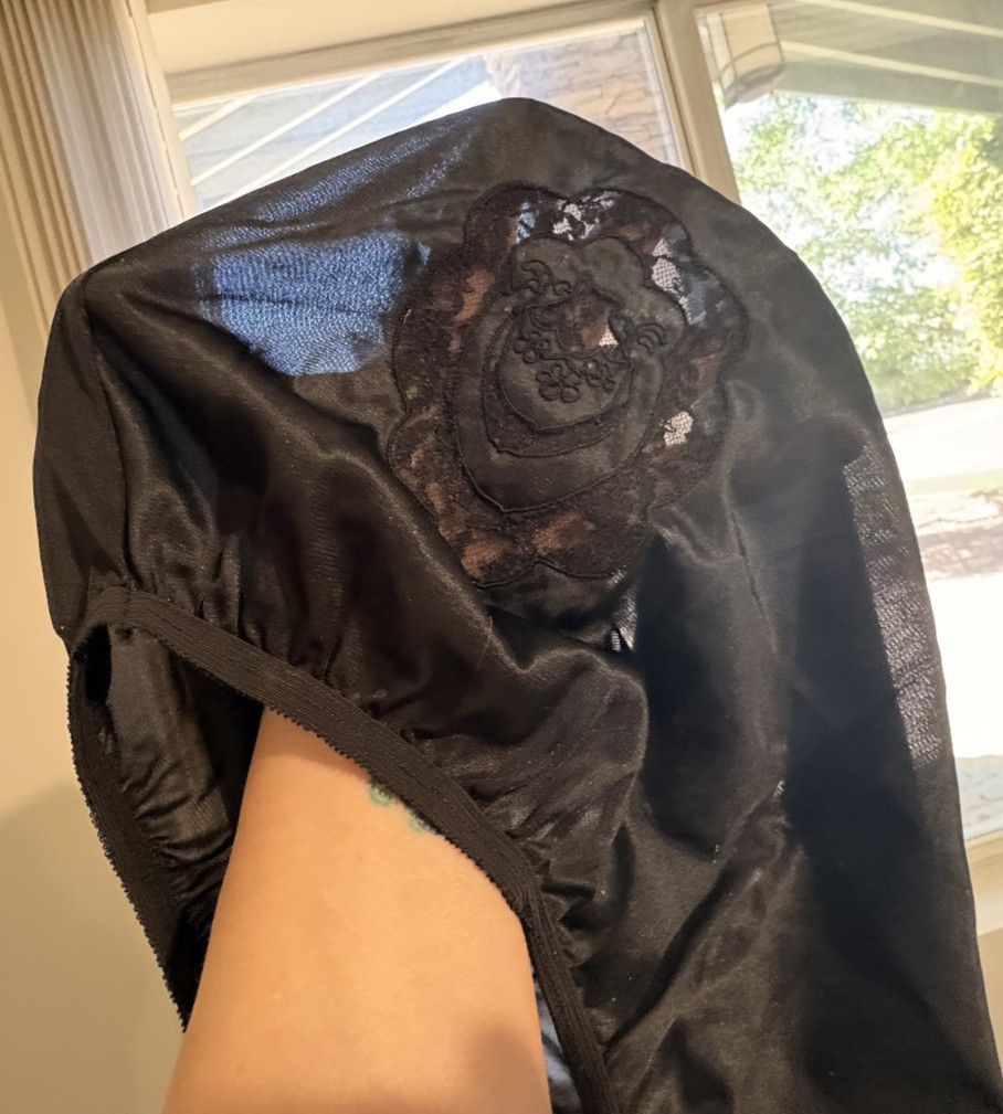 CAROL ANNE Medium Black SATIN Embossed Flower Sheer Panties No Gusset VINTAGE