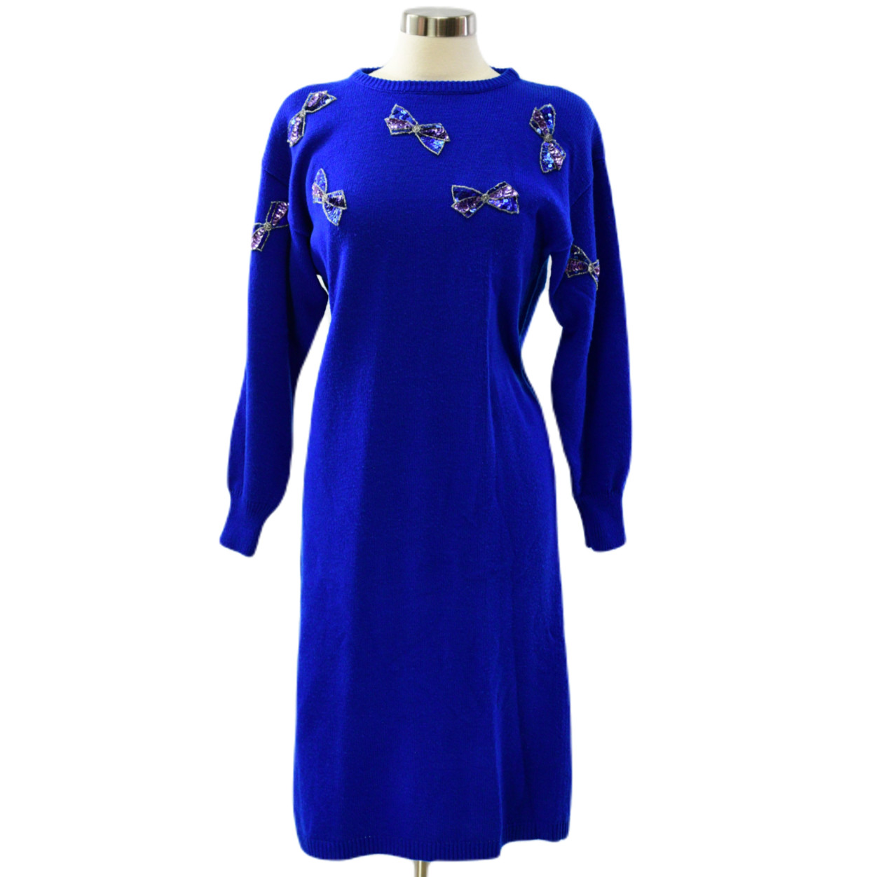 90s Vintage Relaxed Fit Cobalt Blue Bow Sequin Sweater Dress Womens M
