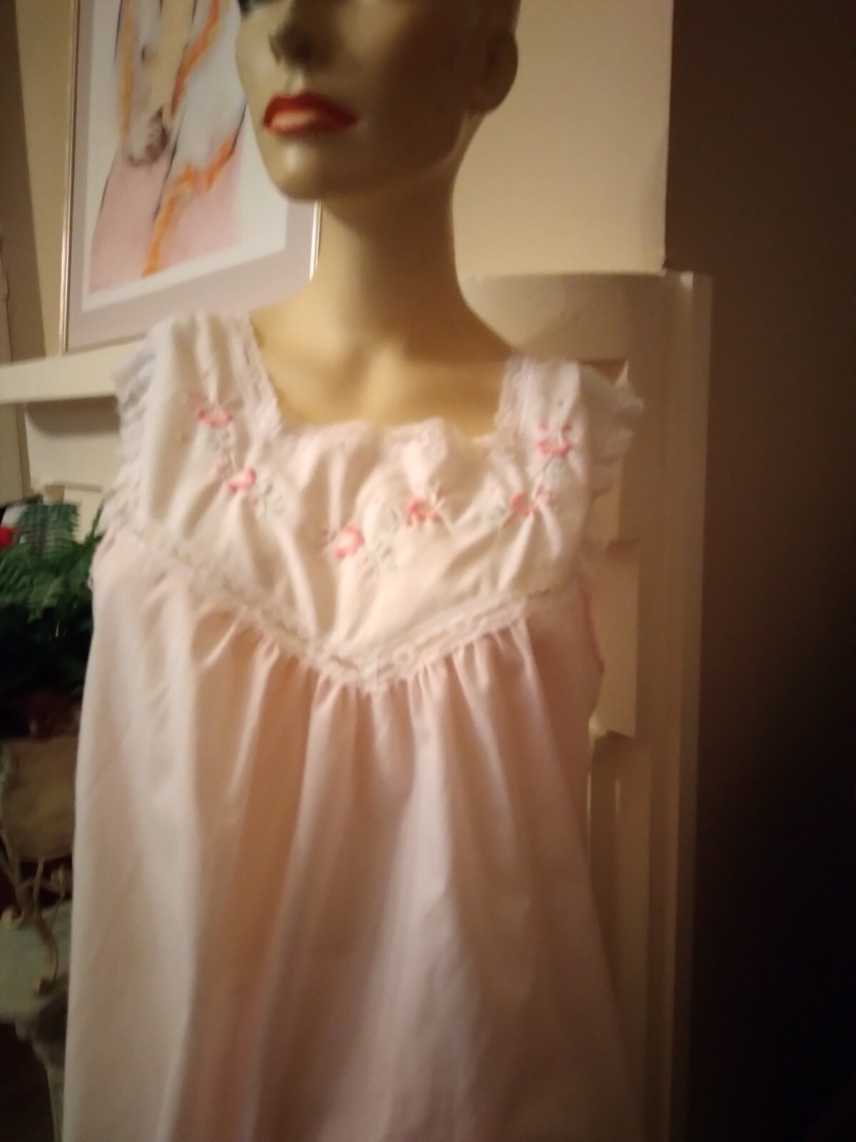 Vintage Nicole Pink Cotton Blend Gown Lace and Embroidery Bodice/sm