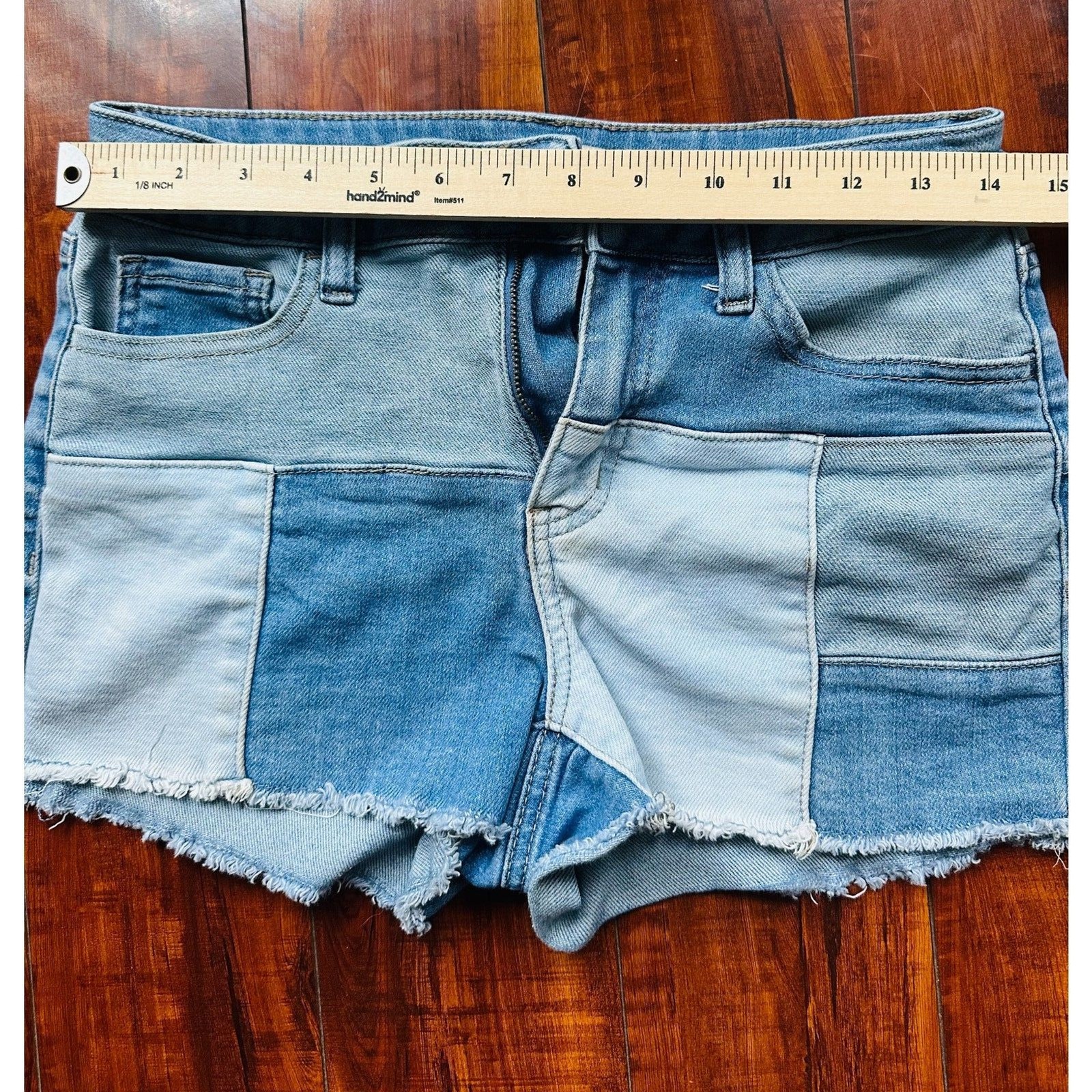SO Bohemian Patchwork Multiple Denim Panels High Waist Raw Hem Shorts Jr. 9/29