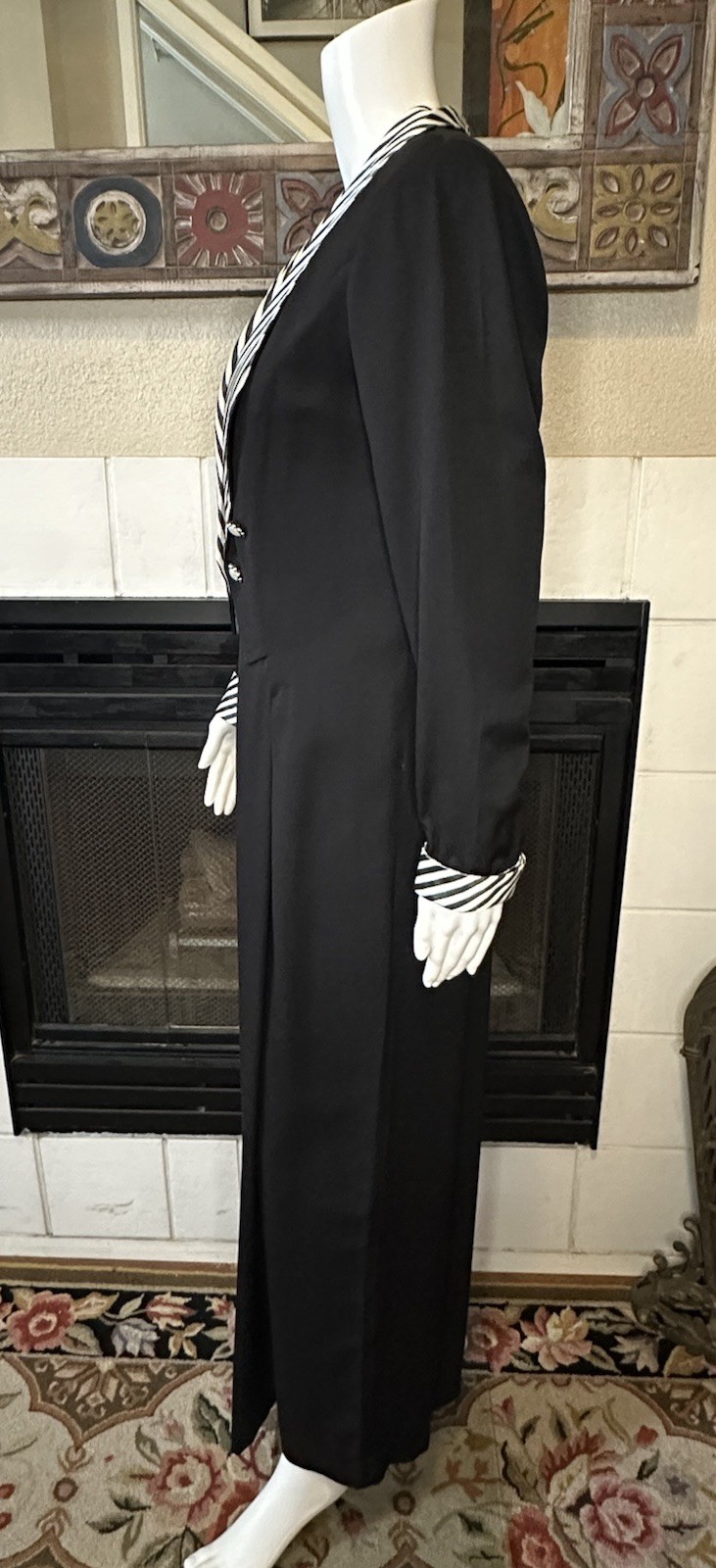Vintage Black Striped Shawl Collar Wide Leg Palazzo Tie Back Tuxedo Jumpsuit