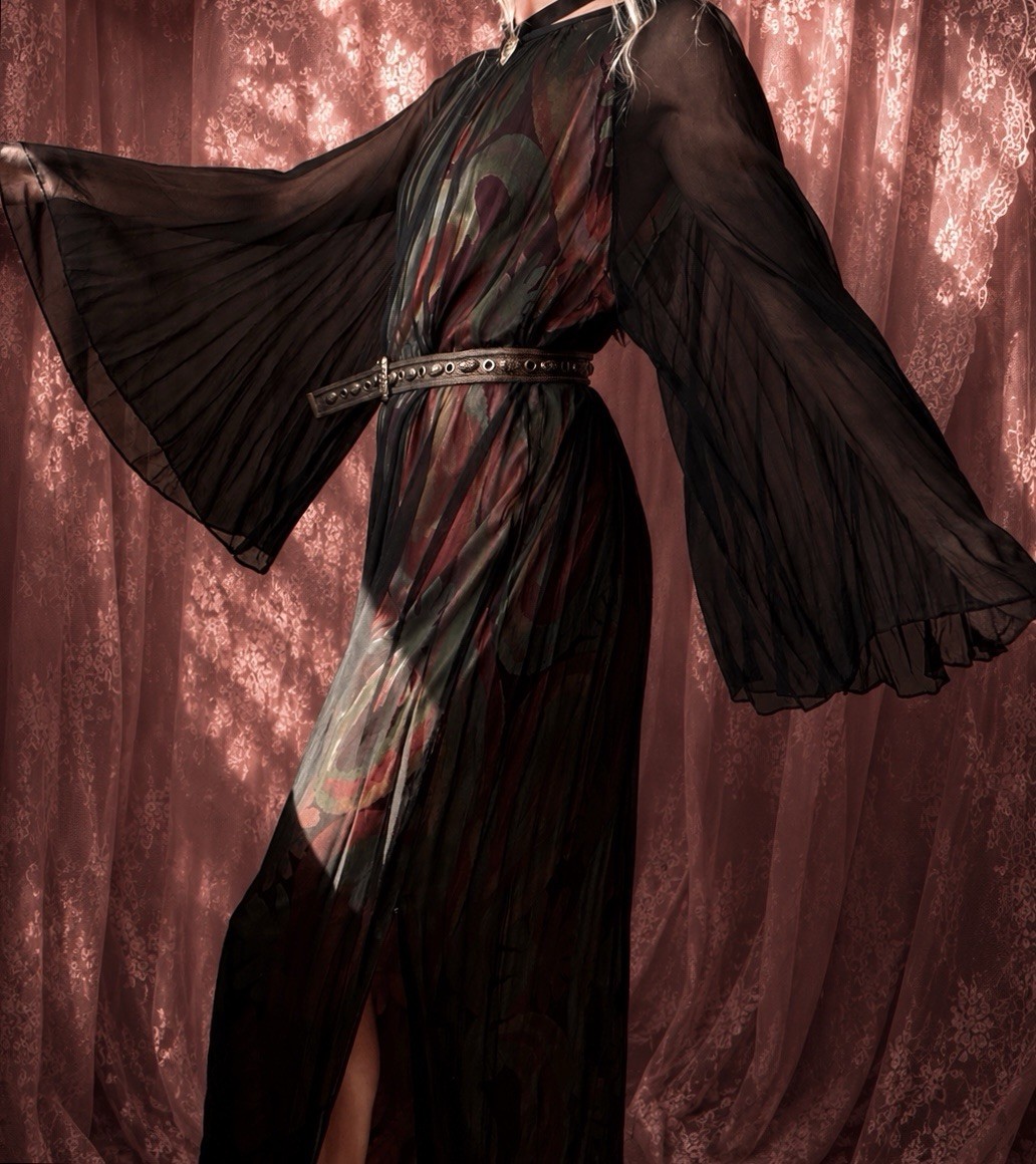 1960s ILGWU black silk bell sleeve volcano gown